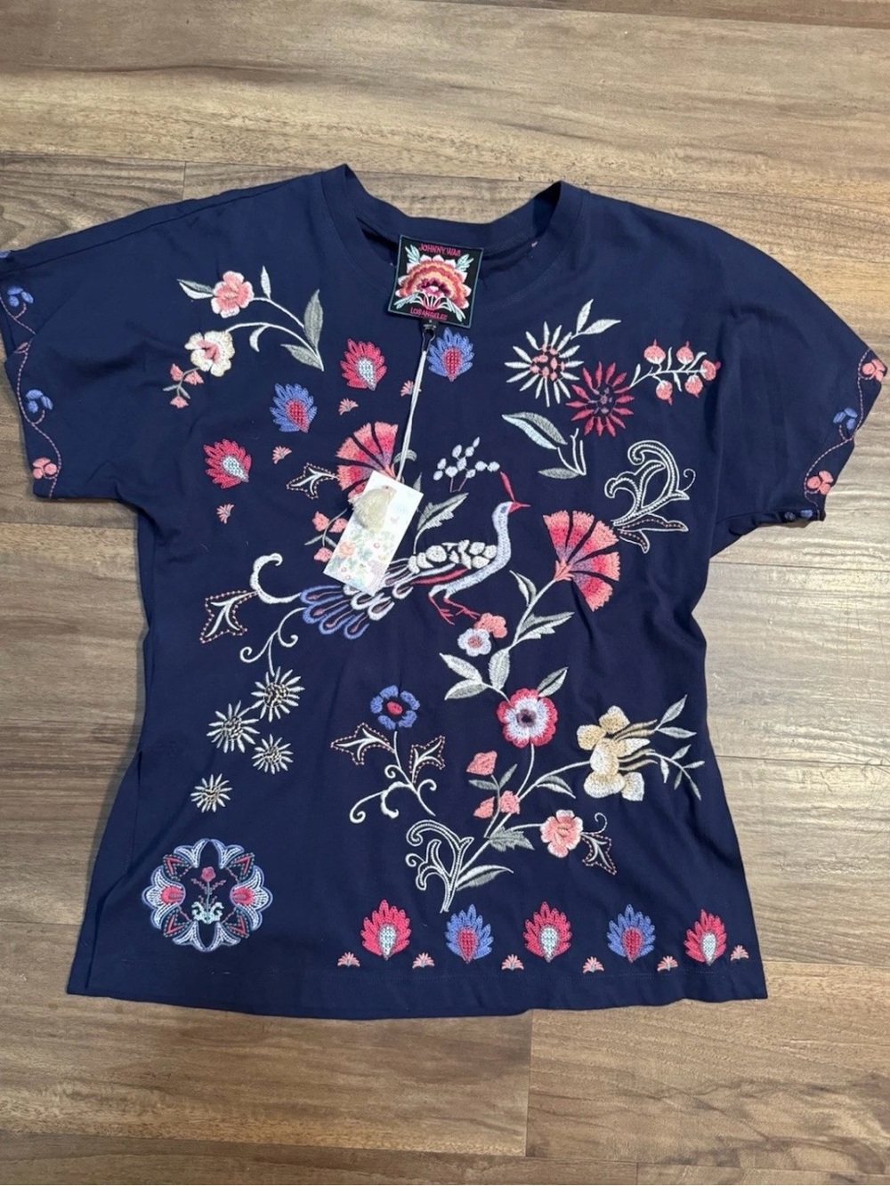 Johnny Was Navy Short-Sleeve Tee with Multicolor Floral & Bird Embroidery